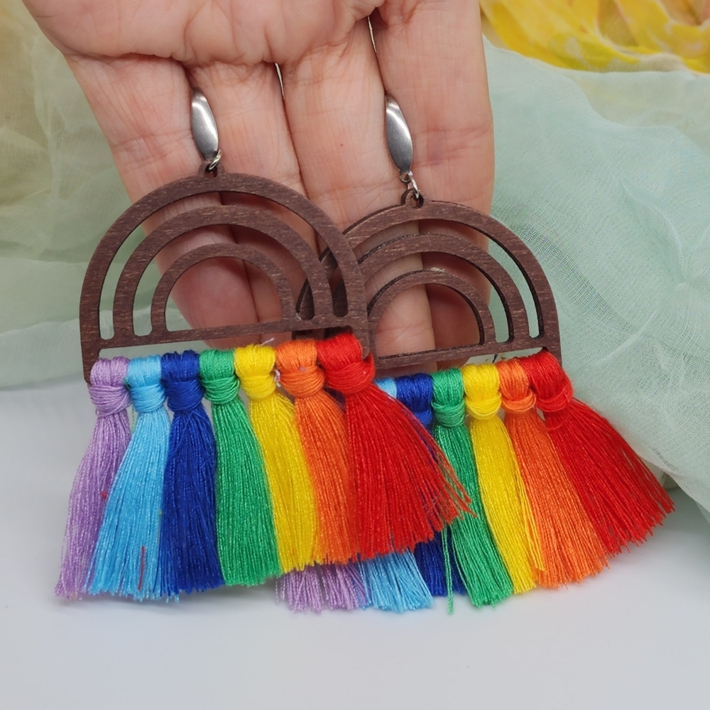 Lightweight Earrings Rainbow Wooden Large Chandler Tassel  Hypoallergenic